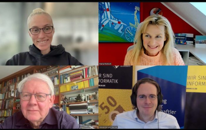 Ausschnitt aus der Podcastaufnahme mit Prof Dr Götz Neuneck, Alexander von Gernler, Lea Skapetze und Dr Maria Reinisch